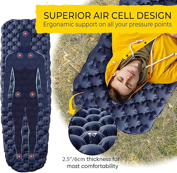 WELLAX Ultralight Air Sleeping Pad - Inflatable Sleeping Mat, Ultimate Airpad for Backpacking, Traveling, Camping and Hiking - Repair Kit, Carry Bag, Compact Air Mattress