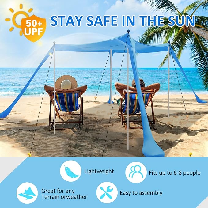 Beach Canopy, Beach Tent Sun Shelter with Beach Blanket,Beach Shade 11x11 FT with UPF 50+ UV Protection, Beach Sun Shade Canopy for Beach, Camping, Backyard and Picnics.