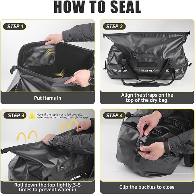 LIBZAKI Waterproof Rolltop Duffel Bag-Heavy Duty Dry Bag for Motorcycle Camping & Boating, Military-Grade Seams & Quick-Release Buckles 70L Black