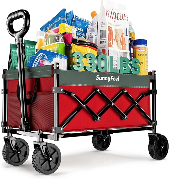 SunnyFeel 330lbs Wagons Carts Foldable,Heavy Duty Collapsible Folding Wagon Carts with Wheels,Lightweight Fold Up Wagon Cart for Outdoor Camping Shopping Sports Beach Garden Grocery