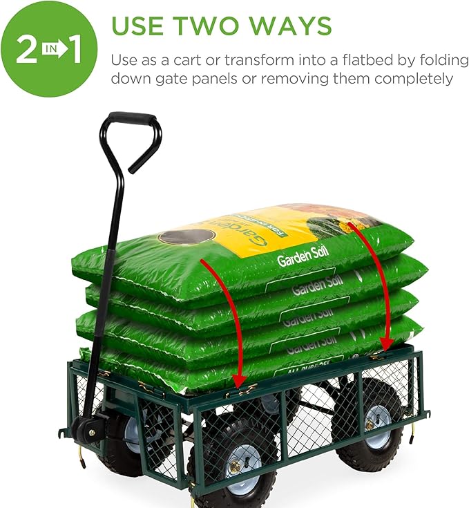 Best Choice Products Utility Garden Cart Wagon for Lawn, Yard w/Heavy-Duty Steel 400lb Weight Capacity, Removable Sides, Long Handle, 10in Tires - Green