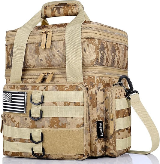 Tactical Lunch Box for Men, Large Insulated Lunch Bag Adult, Heavy Duty Double Deck Expandable Lunch Cooler Bag Leakproof Waterproof Lunch Tote for Work Office Camping Travel-Camo khaki