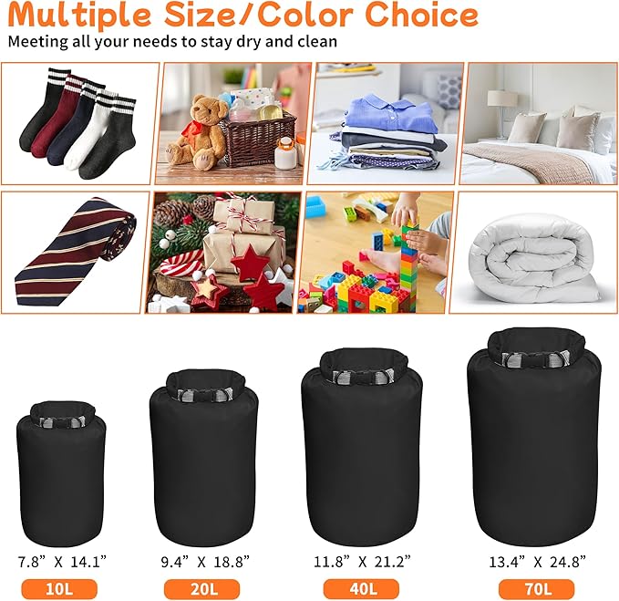 Desoto Waterproof Dry Bag 2 packs, 2L/5L/10L/20L/40L/70L Dry Sack Lightweight Portable, Dry Storage Bag to Keep Gear Dry Clean for Kayaking, Gym, Hiking, Swimming, Camping (Black, 10L)