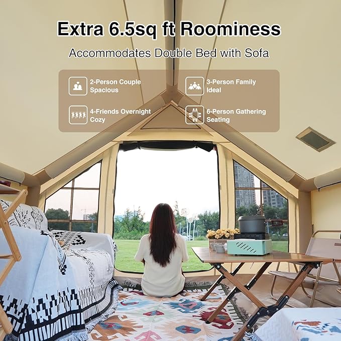 2025 Upgraded 100% Waterproof Inflatable Camping Tent, Large Blow-Up Air Tent, No Assembly Needed Luxury Glamping House, Oxford Fabric