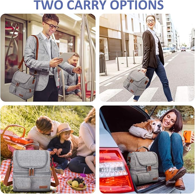 LOKASS Lunch Bag Double Deck Insulated Lunch Box Large Cooler Tote Bag with Removable Shoulder Strap Wide Open Thermal Meal Prep Lunch Organizer Box for Men/Women/Adults/Work/Outdoor, Gray