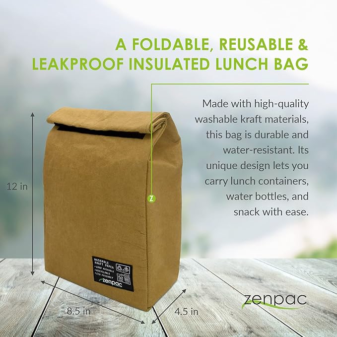 ZENPAC Small Brown Lunch Bag, Reusable & Washable Kraft, Leakproof Sack for Work, School, Picnic, Food, Beverages, Snacks, Travel, 8.5x4.5x12