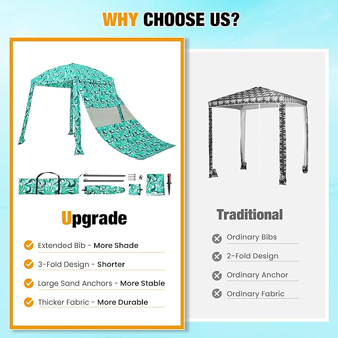 HOMEDEMO Beach Cabana UPF 50+, 6'×6' Beach Canopy, Easy Set up and Take Down, Cool Cabana Beach Tent with Sand Pockets, Side Wall Beach Shade Canopy Wind Waterproof for Kids, Family & Friends