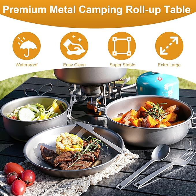 Folding Camping Table, Outdoor Roll-up Table Height Adjustable & Portable Metal Camp Grill Table for Picnic, BBQ, Party, Backyard, Beach, Mesh Storage and Carry Bag (Ash Black, 37.4'' Large)