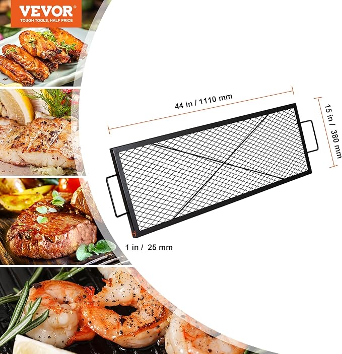 VEVOR X-Marks Fire Pit Grill Grate, Rectangle Cooking Grate, Heavy Duty Steel Campfire BBQ Grill Grid with Handle & Support X Wire, Portable Camping Cookware for Outside Party Gathering, 44 Inch Black