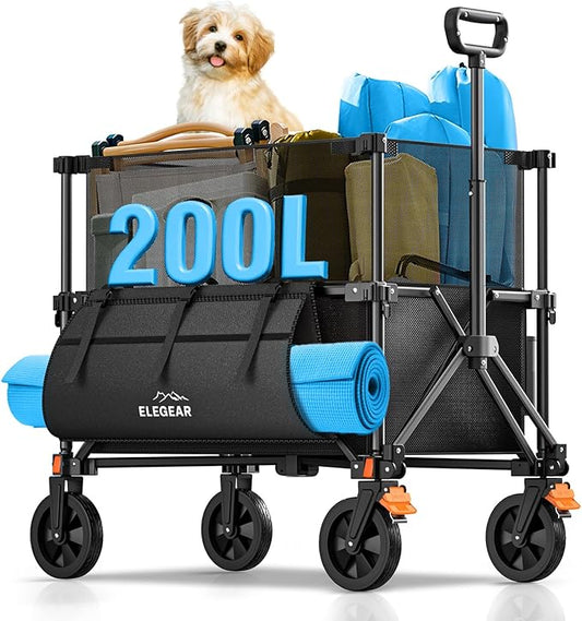 Elegear Wagon Cart Foldable Collapsible 440LBS - Adjustable Capacity from 100L to 200L - Heavy Duty Utility Beach Wagon with All-Terrain Wheels & Smallest Folding Design for Camping Sports Shopping