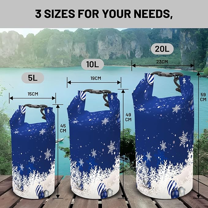 Waterproof Dry Bag,Roll Top Christmas Winter Snowflakes Waterproof Backpack 5L/10L/20L Floating and Lightweight Bags for Kayaking, Boating, Fishing, Swimming and Camping