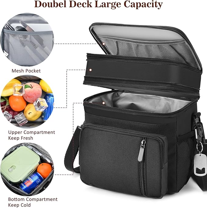 Lunch Box & Lunch Bag for Men Women, Large Insulated Adult Lunch Box, Leakproof Cooler Lunchbox with Bottle Opener for Work Picnic Beach, 16L, Black