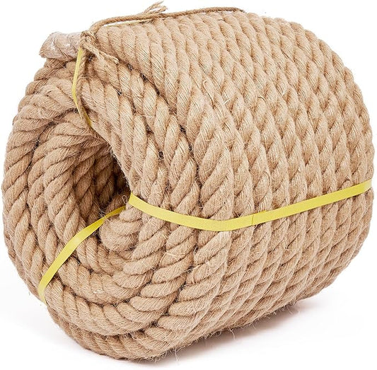 Jute Rope 1 1/2 Inch 50 Feet, Heavy Duty Natural Hemp Ropes, Twisted Hemp Rope for Crafts, Gardening, Bundling, Climbing, Hammock, Nautical, Tug of War, Railings, Home Decorating