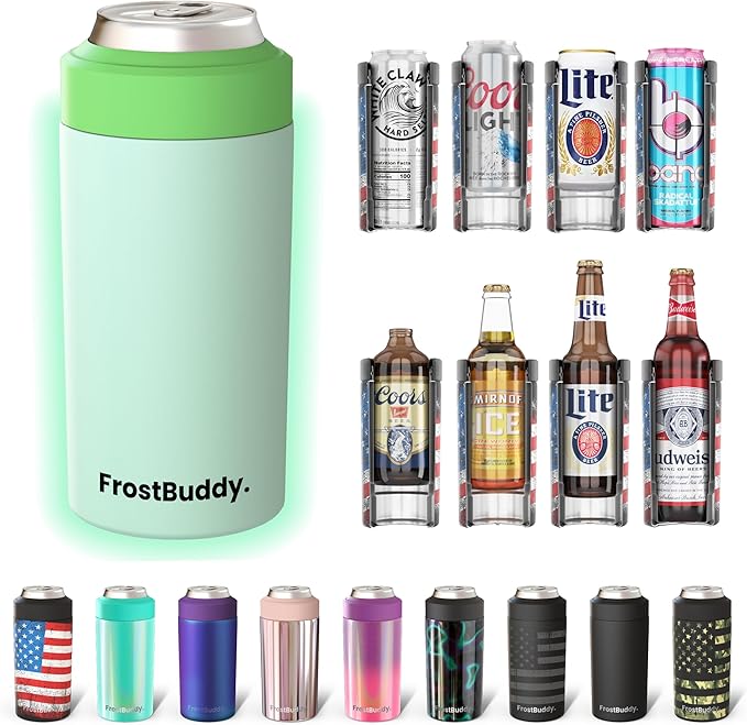 Frost Buddy Universal Buddy Can Cooler - Fits All - For Regular 12 & 16 oz or Slim-Size Bottles - Insulated Double-Walled Stainless Steel (Glow)