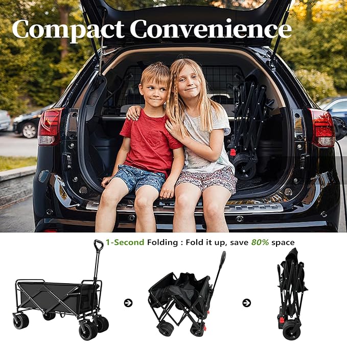Collapsible Folding Wagon, Capacity 300lbs Heavy Duty Foldable Cart with Two Drink Holders, Portable Utility Grocery Wagon for Camping Shopping Sports, Black