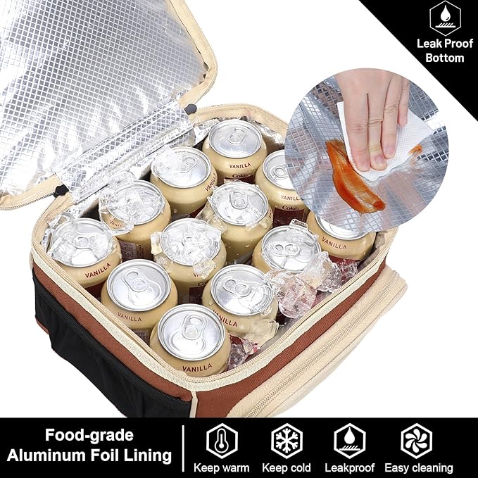 MIER 2 Compartment Lunch Bag Tote with Shoulder Strap for Men and Women Insulated Leakproof Cooler Bag, Khaki