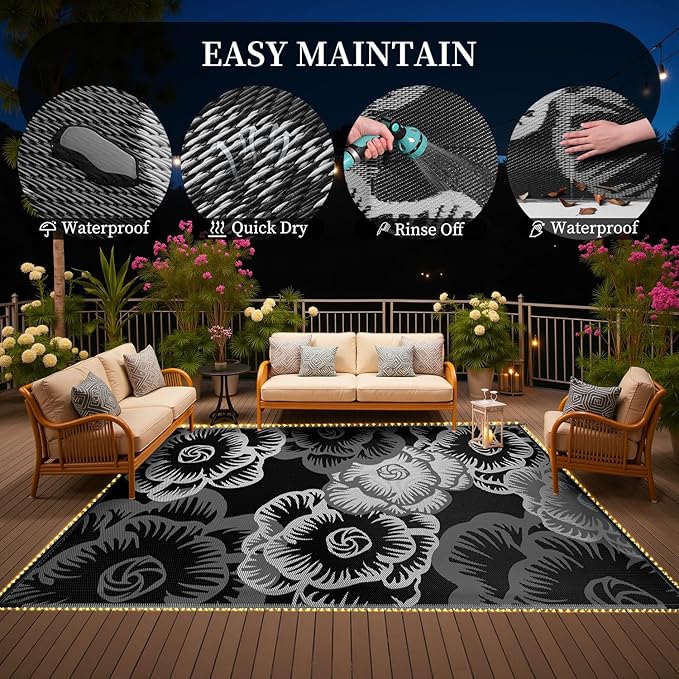 MontVoo Outdoor Rug with Led String Strip Lights 8x10ft Waterproof Outdoor Patio Rug Mat Reversible Plastic Straw Rug Outside Outdoor Rug for RV Camping Picnic Balcony Backyard Fairy Outdoor Decor