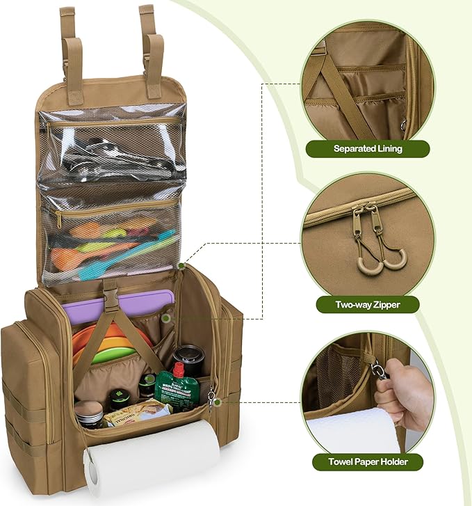 Large Tactical Camping Kitchen Organizer, Hanging Cookware Storage Bag with Paper Towel Holder & Multi Pockets, Portable Camp Utensil Organizer for BBQ Cooking Essentials, Khaki, Bag Only