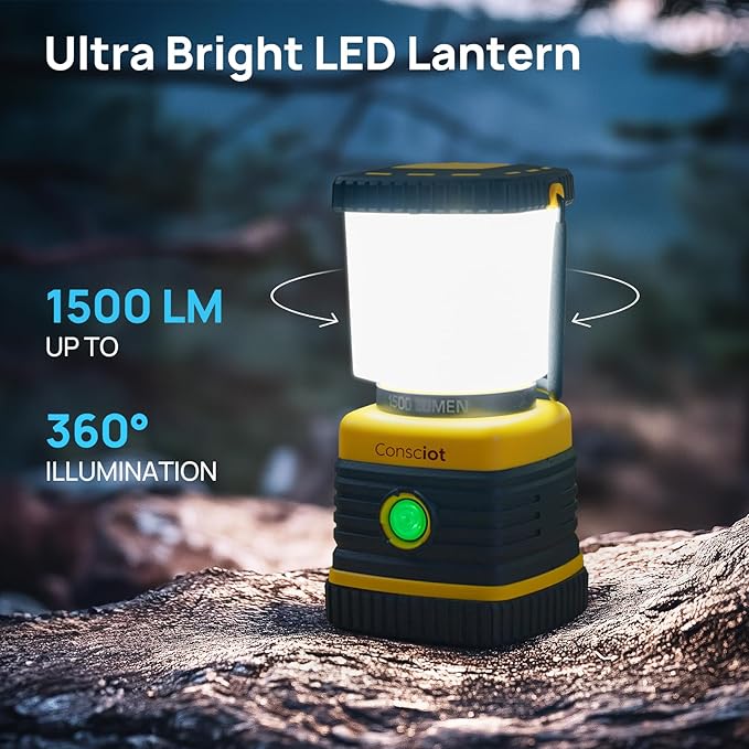 LED Camping Lantern, Consciot C02 USB-C Rechargeable Camping Lights, 1500LM, 5 Light Modes, 8800mAh Power Bank, Up to 100H Run Time, IPX4 Waterproof, Dimmable Tent Lights for Emergency, Power Outages