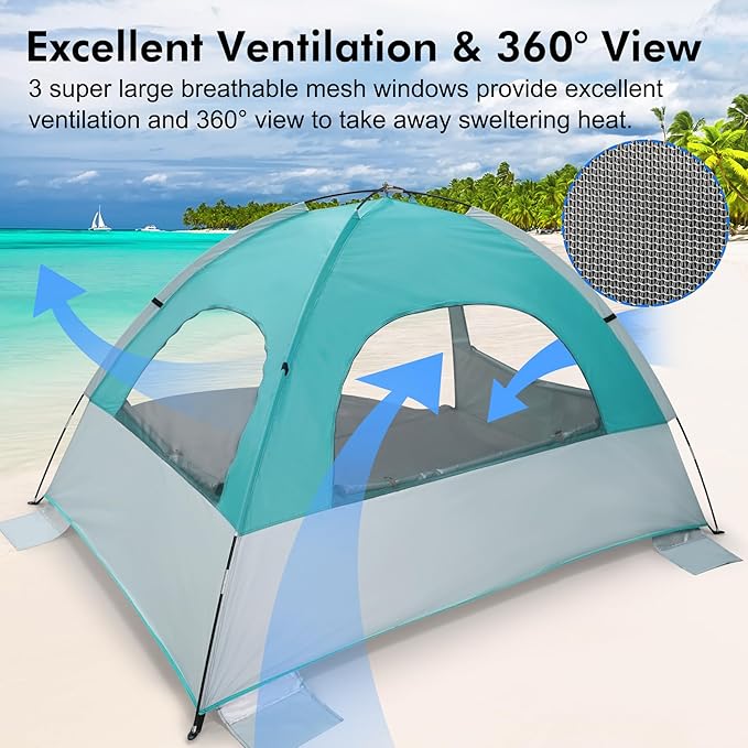 WhiteFang Beach Tent Anti-UV Portable Sun Shade Shelter for 3/4/6/8 Person, Extendable Floor with 3 Ventilating Mesh Windows Plus Carrying Bag, Stakes and Guy Lines