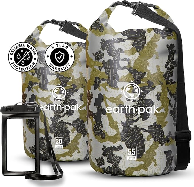 Earth Pak Waterproof Dry Bag - Roll Top Waterproof Backpack Sack (Camo 30L & 5L)