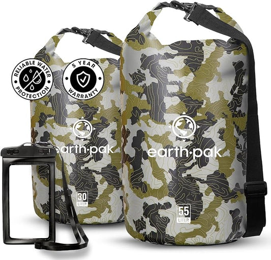 Earth Pak Waterproof Dry Bag - Roll Top Waterproof Backpack Sack (Camo 30L & 5L)