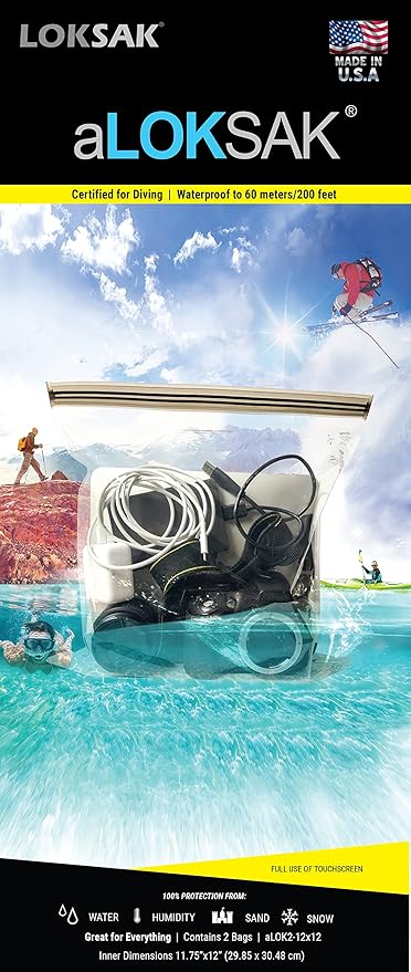 LOKSAK - aLOKSAK Waterproof Dry Bags - Airtight Underwater Pouch - Touch Screen Compatible - Diving Certified - 2 Pack- 12in x 12in