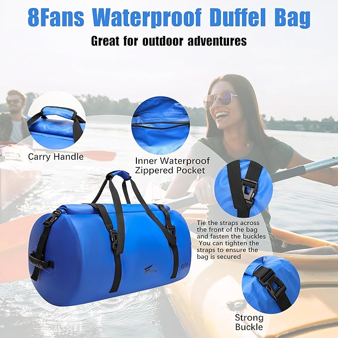 8 Fans Extra Large Waterproof Duffle Bag,Heavy Duty Travel Dry Bag with Durable Straps & Handles, Ideal for Kayaking,Paddleboarding,Boating,Rafting,and Fishing (Blue, 90L)