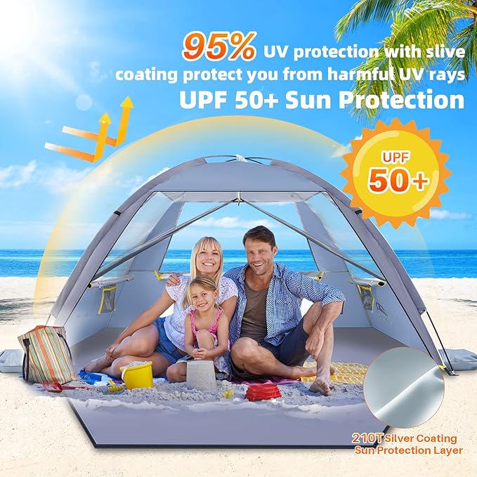 Happy Travel Beach Tent Sun Shelter for 3/4/5/6/7/8 Person, Portable UPF 50+ UV Protection Beach Shade Canopy for Family & Baby, Lightweight & Easy Setup Beach Cabana with 3 Ventilation Mesh Windows