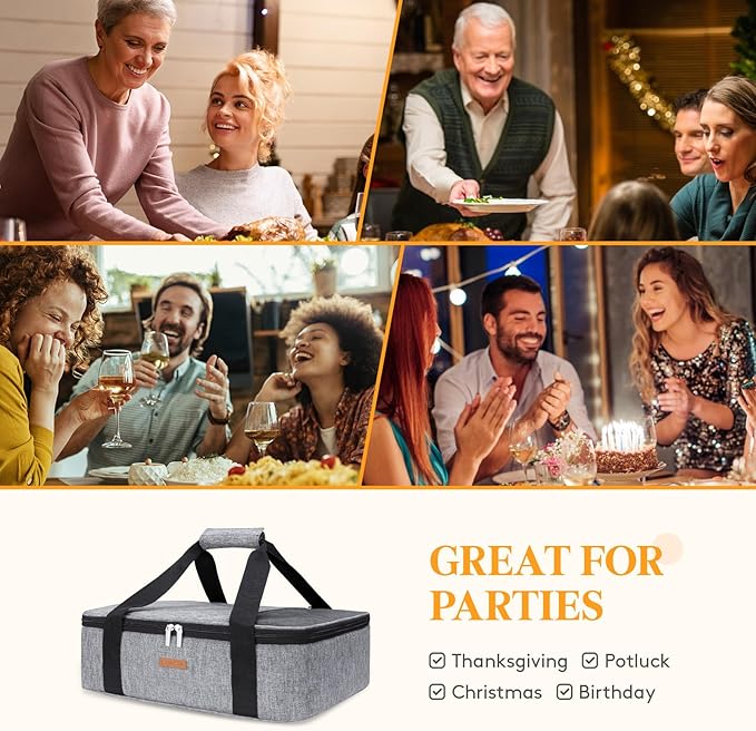 Insulated Casserole Carrier for Hot or Cold Food, Lasagna Lugger Tote for Potluck Parties/Picnic/Cookouts, Fits 9"x13" Baking Dish, Grey