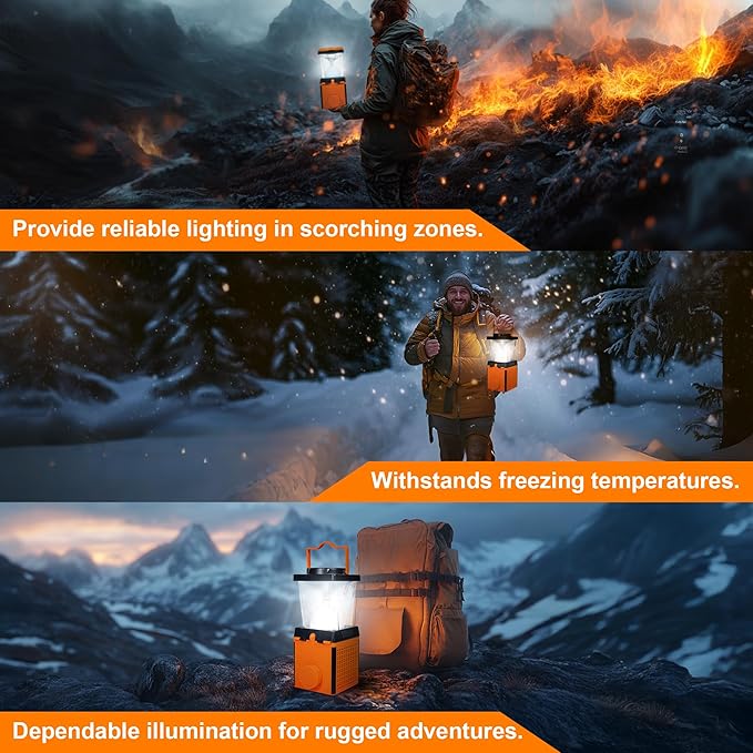 Saltwater Camping Lantern, LED, Orange, Waterproof, 3.54"L x 3.54"W x 9.84"H, 350 Lumen, 150 Hour Battery Life, Solar Powered, 5V, Emergency, Hiking, Camping, Hurricane