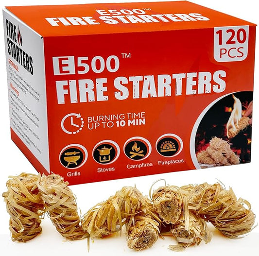 E500 Fire Starter - 120 PCS Natural Pine Fire Starters for Fireplace, Campfires, Fire Pit, BBQ, Pellet Stove, Wood, Pizza Oven - Chimney Charcoal Starter for Grill
