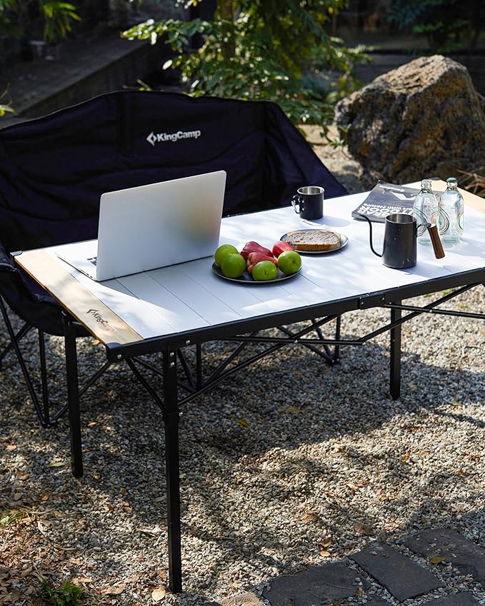 KingCamp Folding Camping Table, Aluminum Roll-Up Camp Table, Large Foldable Table for 6-8 Person, Outdoor Portable Tables with Carry Bag, 180 LBS Heavy Duty Load (Bamboo：53.5“x27.5”，6-8 People)
