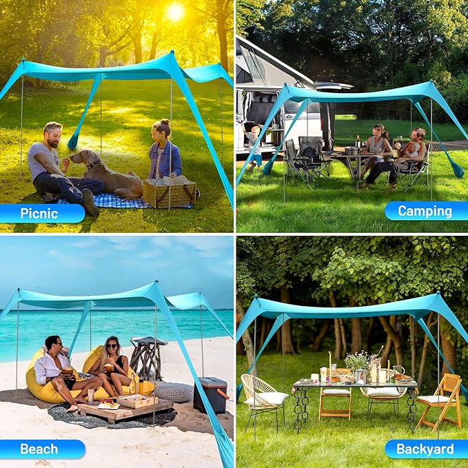 BOTINDO Family Beach Tent Canopy Sun Shade, Pop Up Grande Beach Tent Sun Shelter Stability 4 Poles with Portable Carry Bag Outdoor Shade for Fishing Backyard Camping (Turquoise, 10x10FT 4Pole)