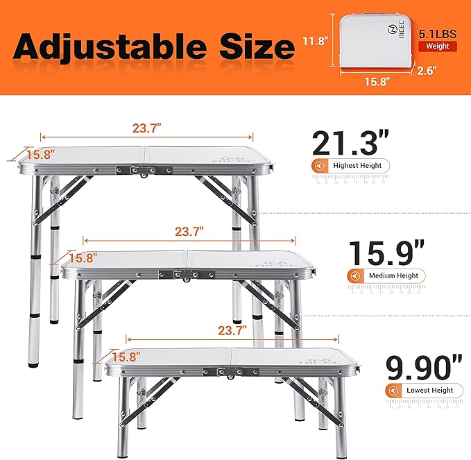 Nice C Card Table, Folding Picnic Table, Small Table, Adjustable Height Folding Table, Camping, Outdoor, Portable Lightweight Aluminum, with Carry Handle for Beach, Indoor, Office (Small)