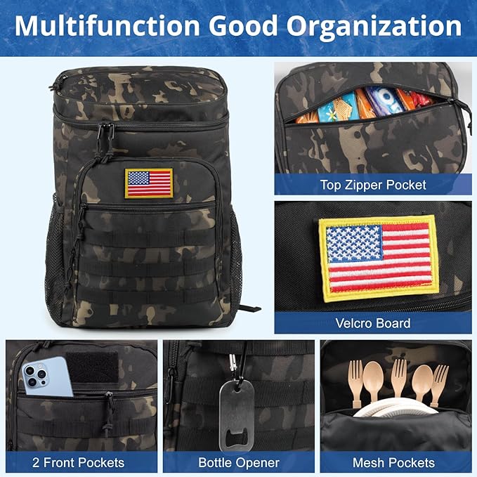 Tactical Backpack Cooler for Men, 25L Large Insulated Backpack Leak-Proof, Heavy Duty Lunch Backpack, Waterproof Ice Chest Bag Women Adults Work Daytrip Camping Beach Hiking