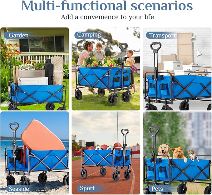 DUMOS Foldable Wagons Carts with All-Terrain Wheels, 170L & 400LBS Portable Shopping Wagon Large Capacity Utility Cart with Drink Holders, Heavy Duty Collapsible for Sand, Beach, Gardening (35IN Blue)