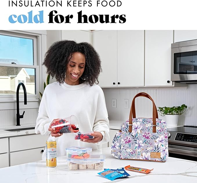 Fit & Fresh Lunch Bag For Women, Insulated Womens Lunch Bag For Work, Leakproof & Stain-Resistant Large Lunch Box For Women With Bottle Pocket, Long Straps, Zipper Closure Laketown Bag Floral Lilac