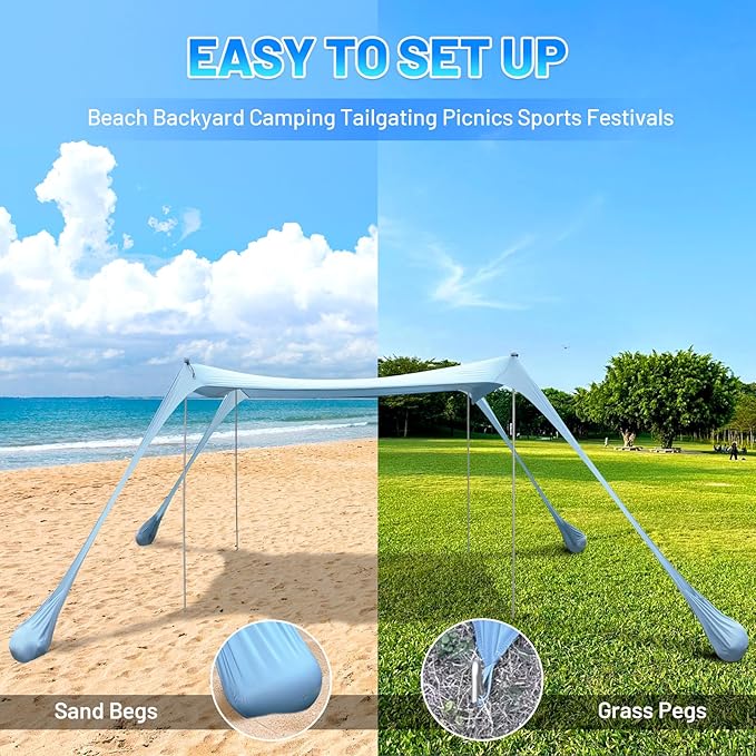 BOTINDO Family Beach Tent Canopy Sun Shade, Pop Up Grande Beach Tent Sun Shelter Stability 4 Poles with Portable Carry Bag Outdoor Shade for Fishing Backyard Camping (Light Blue, 10x10FT 4Pole)