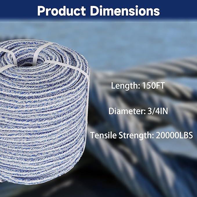 Arborist Tree Rope, 3/4inch by 150FT, 24 Strand Bull Rope up to 20000lbs Tensile Strength, Blue and White