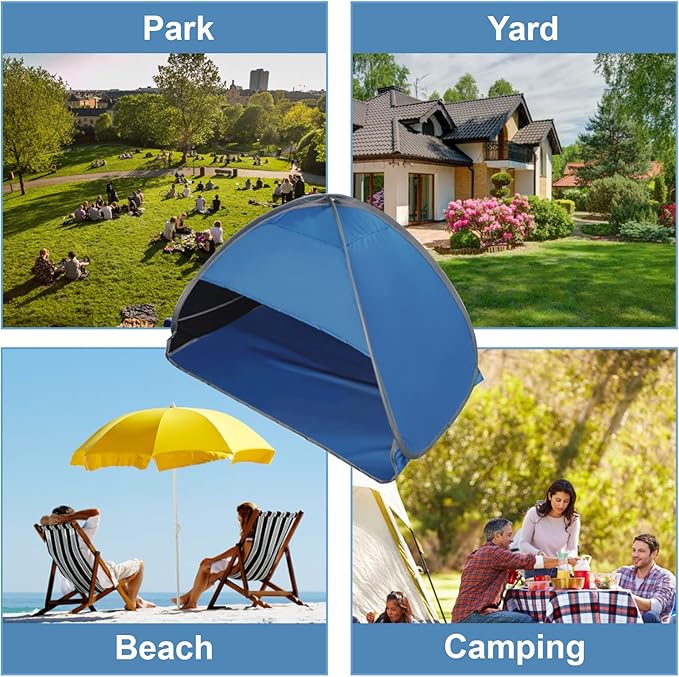 Pop Up Beach Sun Tent, 1 Pack Foldable Pop Up Tent Sun Shelter for Anti-UV Windproof Face Head Shade Protection, Black Glue Blue