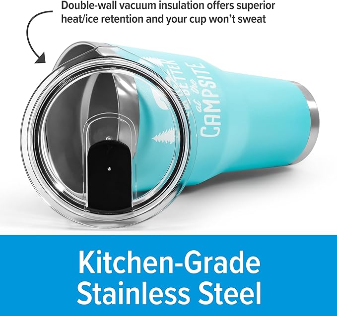 Camco Life is Better at The Campsite Tumbler | Heavy Duty Double Wall Vacuum Insulation | Crafted of 18/8 Stainless Steel | Unique “Life is Better at The Campsite” Design on Cool Blue | 30-oz (53058)