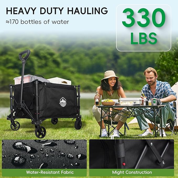 Collapsible Wagon, Portable Folding Wagons Carts with Wheels Foldable, 330lbs Heavy Duty Beach Wagon Outdoor Utility Cart with Dual Side Zipper, Cup Holders for Grocery Camping Garden Sports