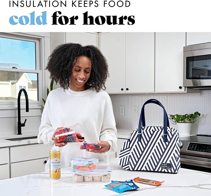 Fit & Fresh Lunch Bag For Women, Insulated Womens Lunch Bag For Work, Leakproof & Stain-Resistant Large Lunch Box For Women With Bottle Pocket, Zipper Closure Laketown Bag Navy Stripe Tumbler