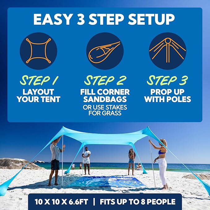 SUN NINJA Beach Tent Sun Shelter, UPF50+ Protection, Easy Pop Up Beach Shade Canopy for Camping, Fishing, Backyard Fun, Lightweight & Portable, Fits Up to 8 People, 10x10 FT 4 Pole