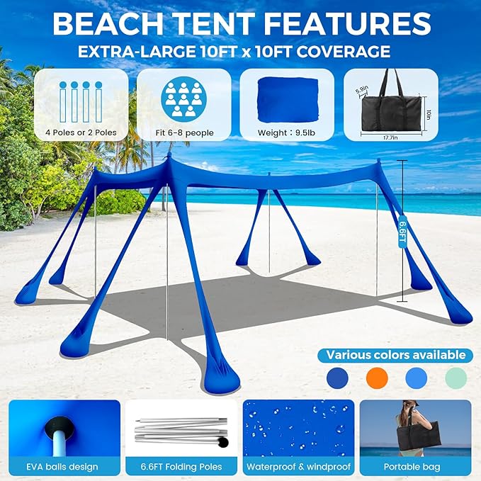 Large Beach Tent Canopy Pop Up Shade 10x10ft Sun Shelter Portable with UPF50+ UV Protection 8 Sandbags 4 Aluminum Poles 2 Sand Shovel Ground Pegs Carrying Bag for Outdoor Camping Fishing Yard Picnics