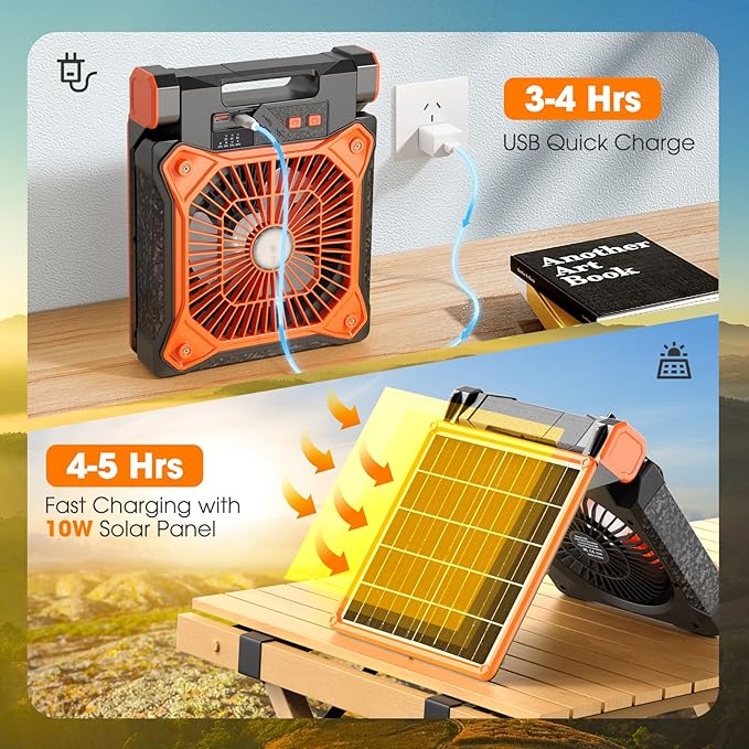 Solar Camping Fan with LED Lantern, 20000mAh Rechargeable Battery Powered with 10W Solar Panel and Emergency Power Bank, Quiet Battery Operated Tent Fan for Picnic, Barbecue, Fishing, Travel