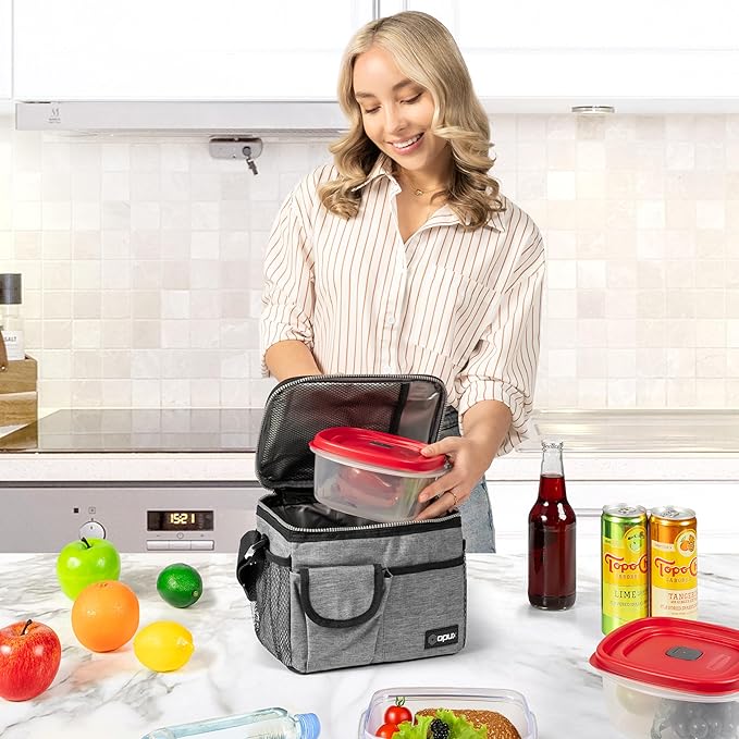 opux Insulated Lunch Bag for Men Women, Leakproof Heather Gray Lunch Box for Work, Portable Soft Lunch Cooler Bag with Shoulder Strap, Adult Lunchbox Lunch Pail for Kid Boy Girl School, 14 Can/8L