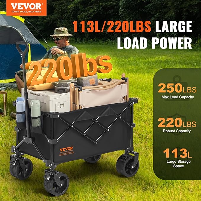 VEVOR 350LBS Collapsible Wagon Cart Heavy Duty Foldable 113L, Folding Beach Utility Wagon with Big Wheels, Portable Grocery Cart for Groceries Camping Sports Garden