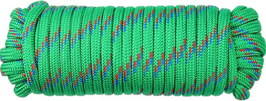 Wellmax Diamond Braid Nylon Rope - 3/8 Inch by 50 Feet Green Color - Extra Strength, Sunlight and Weather Resistant - Heavy Duty Construction
